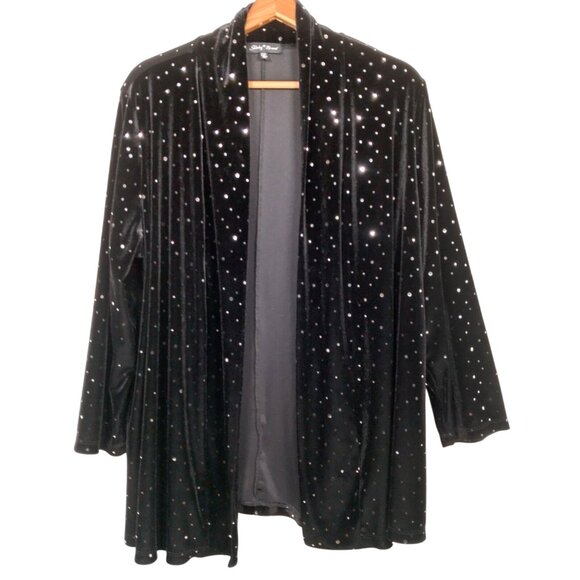 Slinky Brand Shirt Plus Size 1X Open Front Black Velour Mirrored Sequins Party - Picture 2 of 11
